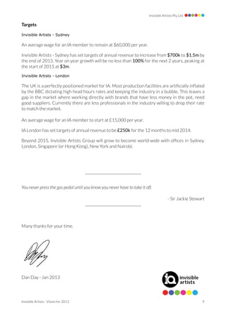 Invisible Artists Pty Ltd

Targets

Invisible Artists - Sydney

An average wage for an IA member to remain at $60,000 per year.

Invisible Artists - Sydney has set targets of annual revenue to increase from $700k to $1.5m by
the end of 2013. Year on year growth will be no less than 100% for the next 2 years, peaking at
the start of 2015 at $3m.

Invisible Artists - London

The UK is a perfectly positioned market for IA. Most production facilities are artiﬁcially inﬂated
by the BBC dictating high head hours rates and keeping the industry in a bubble. This leaves a
gap in the market where working directly with brands that have less money in the pot, need
good suppliers. Currently there are less professionals in the industry willing to drop their rate
to match the market.

An average wage for an IA member to start at £15,000 per year.

IA London has set targets of annual revenue to be £250k for the 12 months to mid 2014.

Beyond 2015, Invisible Artists Group will grow to become world-wide with ofﬁces in Sydney,
London, Singapore (or Hong Kong), New York and Nairobi.




You never press the gas pedal until you know you never have to take it off.

                                                                                      - Sir Jackie Stewart




Many thanks for your time.




Dan Day - Jan 2013




Invisible Artists - Vision for 2013 
                                                                   9
 
