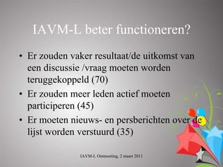 IAVM-L beter functioneren?
• Er zouden vaker resultaat/de uitkomst van
  een discussie /vraag moeten worden
  teruggekoppeld (70)
• Er zouden meer leden actief moeten
  participeren (45)
• Er moeten nieuws- en persberichten over de
  lijst worden verstuurd (35)

              IAVM-L Ontmoeting, 2 maart 2011
 