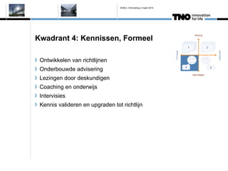 IAVM-L Ontmoeting 2 maart 2010




Kwadrant 4: Kennissen, Formeel

 Ontwikkelen van richtlijnen
 Onderbouwde advisering
 Lezingen door deskundigen
 Coaching en onderwijs
 Intervisies
 Kennis valideren en upgraden tot richtlijn
 