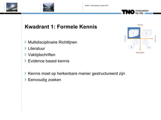 IAVM-L Ontmoeting 2 maart 2010




Kwadrant 1: Formele Kennis

 Multidisciplinaire Richtlijnen
 Literatuur
 Vaktijdschriften
 Evidence based kennis


 Kennis moet op herkenbare manier gestructureerd zijn
 Eenvoudig zoeken
 