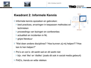 IAVM-L Ontmoeting 2 maart 2010




Kwadrant 2: Informele Kennis
 Informele kennis opzoeken en gebruiken:
  best practices, ervaringen in toepassen methodes en
  technieken
  proceedings van lezingen en conferenties
  actualiteit en incidenten in NL
  grijze literatuur

 Wat doen andere disciplines? Hoe kunnen zij mij helpen?/Hoe
 kan ik hen helpen?

 Pros en cons: dit werkt wel en dit werkt niet
  bijv. met like en dislike (zoals dit ook in social media gebeurt)

 FAQs, trends en witte vlekken
 