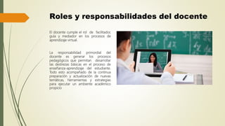 Roles y responsabilidades del docente.
El docente cumple el rol de facilitador,
guía y mediador en los procesos de
aprendi...