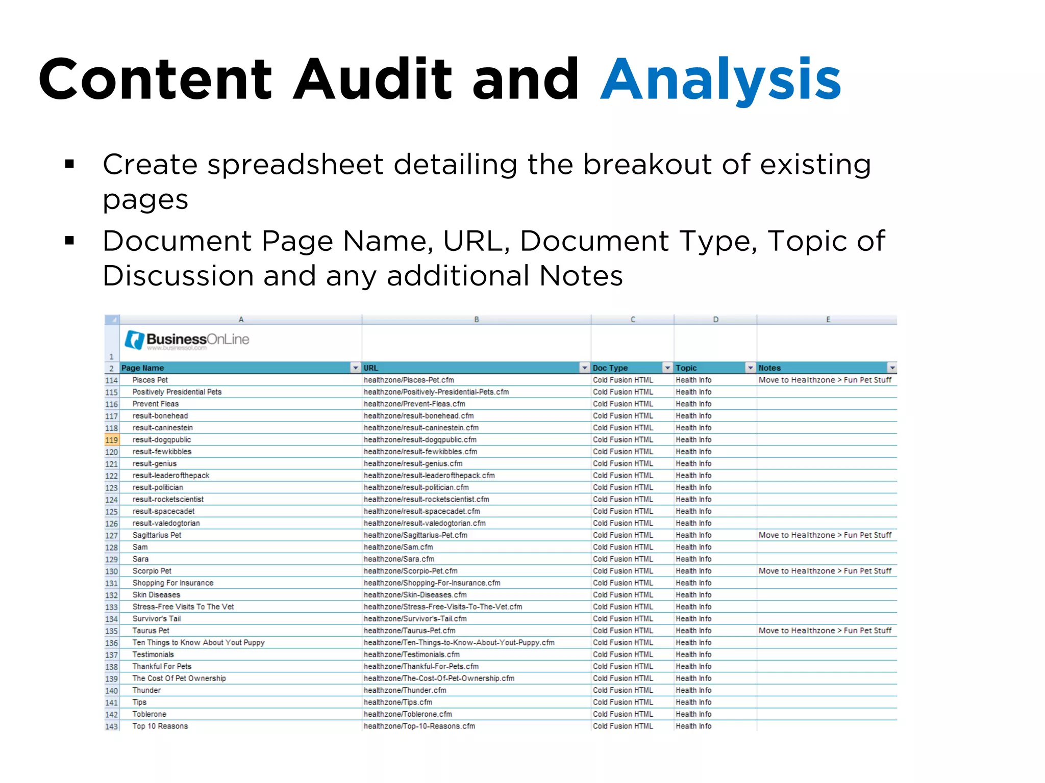 Content Audit and Analysis
 Create spreadsheet detailing the breakout of existing
  pages
 Document Page Name, URL, Document Type, Topic of
  Discussion and any additional Notes
 