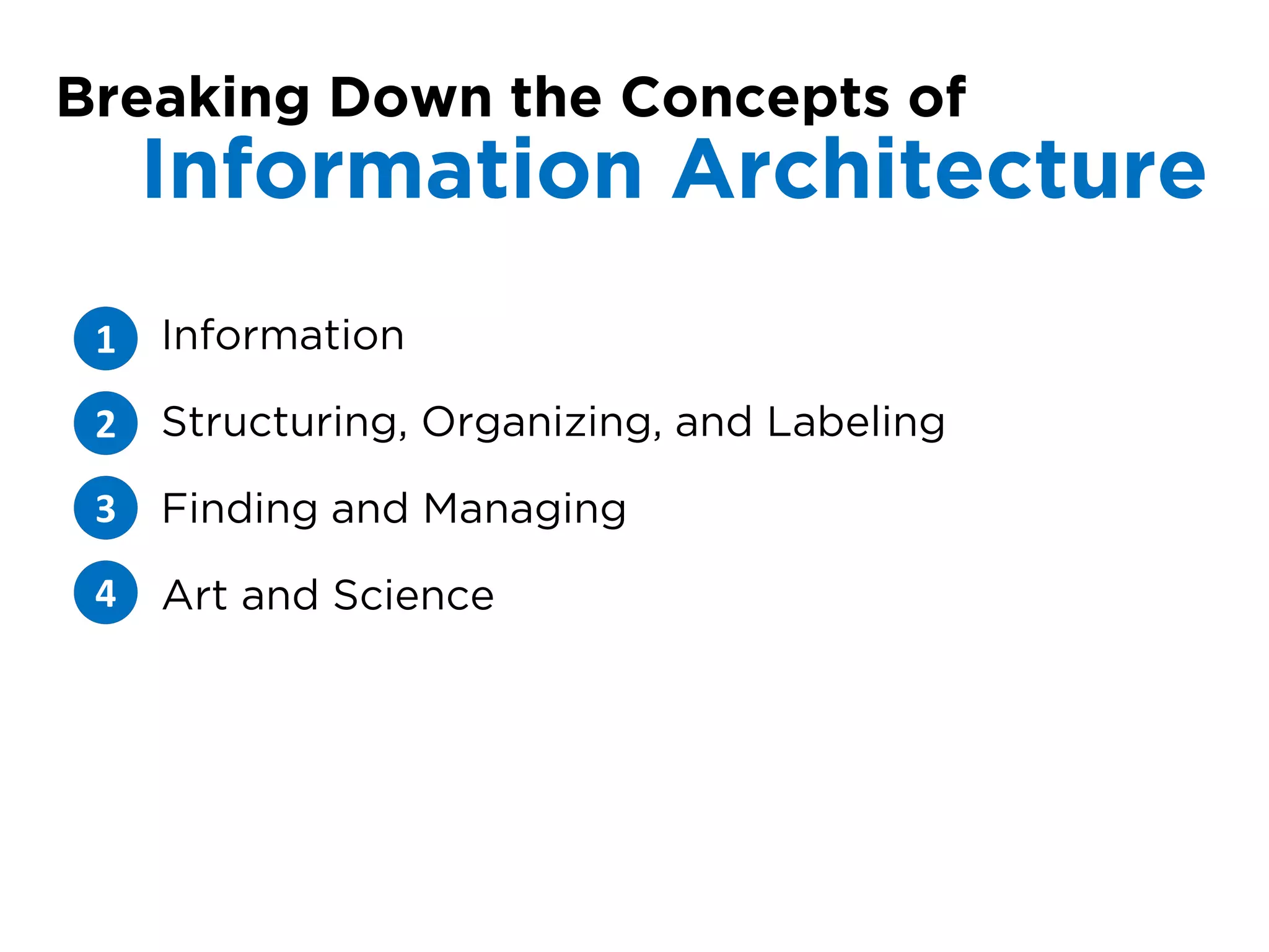 Breaking Down the Concepts of
     Information Architecture
 1   Information

 2   Structuring, Organizing, and Labeling

 3   Finding and Managing
 4   Art and Science
 