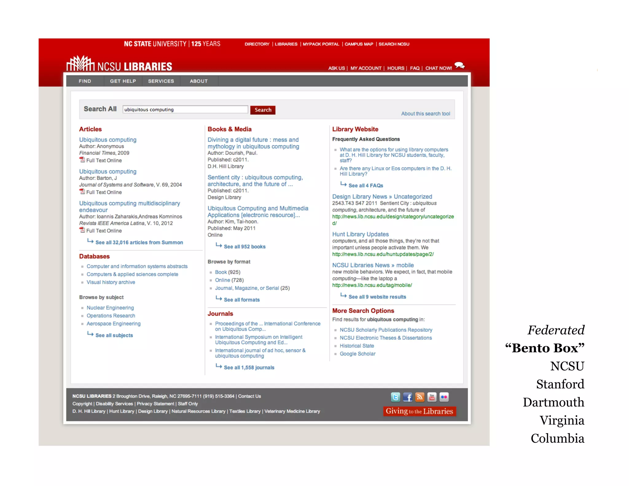 137

Federated
“Bento Box”
NCSU
Stanford
Dartmouth
Virginia
Columbia

 