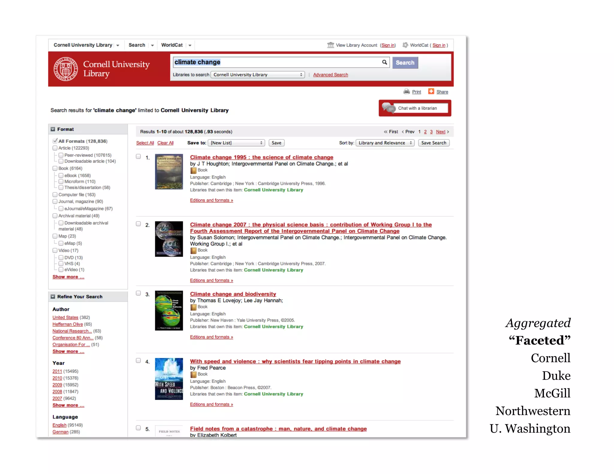 138

Aggregated
“Faceted”
Cornell
Duke
McGill
Northwestern
U. Washington

 