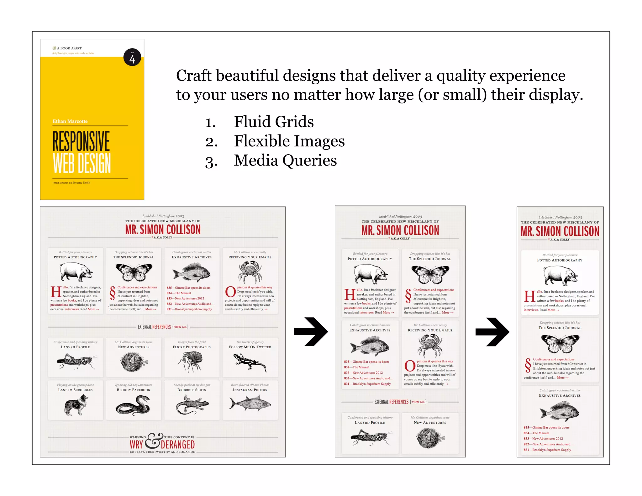 Craft beautiful designs that deliver a quality experience
to your users no matter how large (or small) their display.
1.  Fluid Grids
2.  Flexible Images
3.  Media Queries

177

 