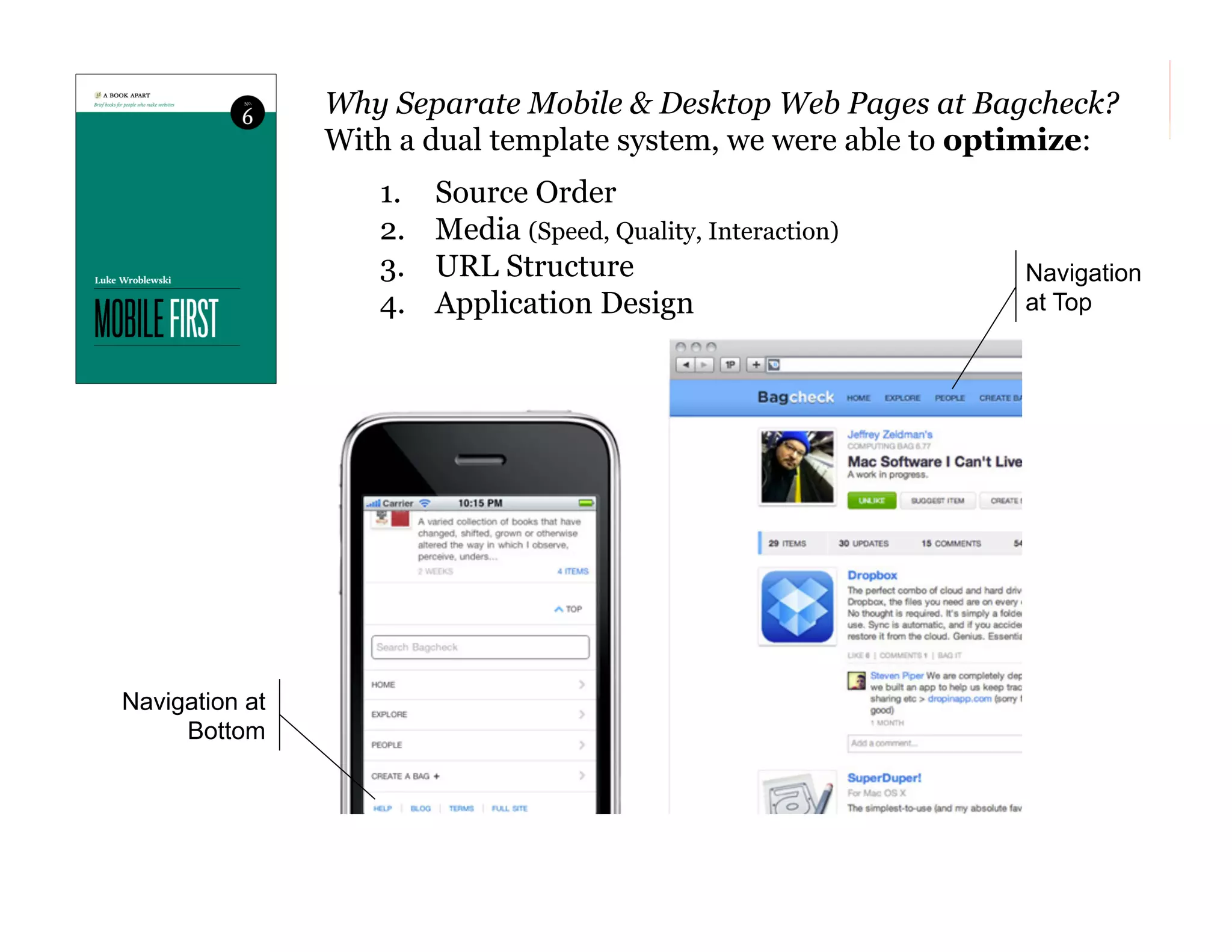 Why Separate Mobile & Desktop Web Pages at Bagcheck?
With a dual template system, we were able to optimize:
1. 
2. 
3. 
4. 

Source Order
Media (Speed, Quality, Interaction)
URL Structure
Application Design

Navigation
at Top

Navigation at
Bottom

179

 