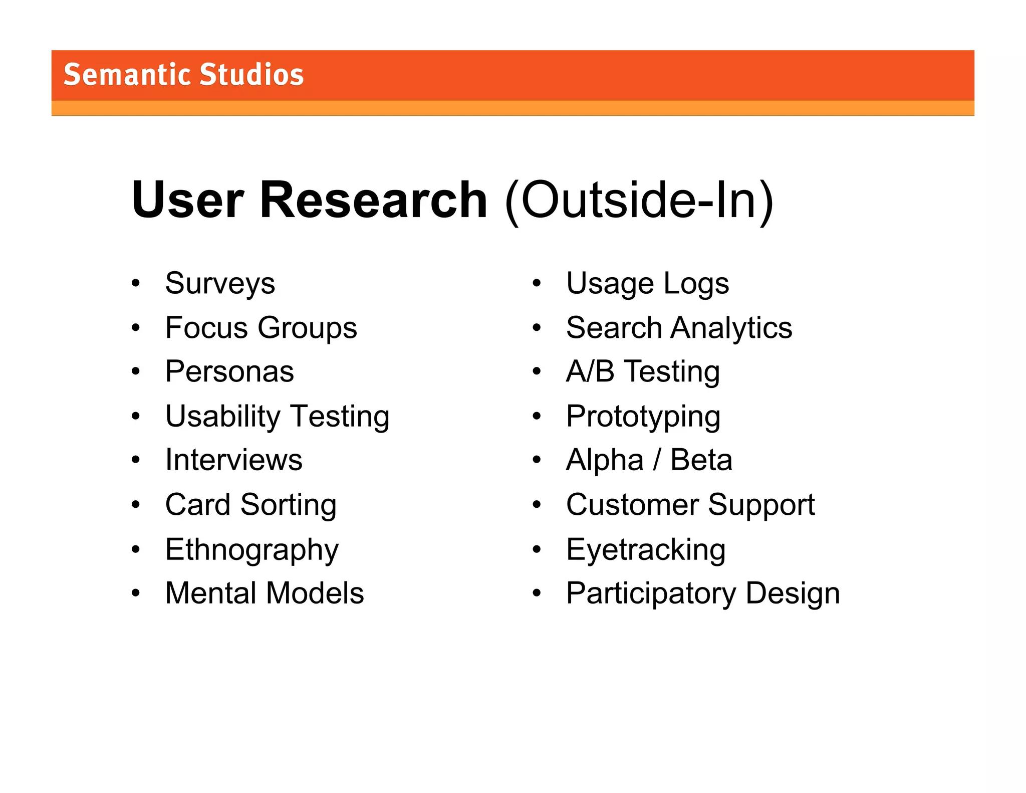 User Research (Outside-In)
• 
• 
• 
• 
• 
• 
• 
• 

Surveys
Focus Groups
Personas
Usability Testing
Interviews
Card Sorting
Ethnography
Mental Models

• 
• 
• 
• 
• 
• 
• 
• 

Usage Logs
Search Analytics
A/B Testing
Prototyping
Alpha / Beta
Customer Support
Eyetracking
Participatory Design

30

 