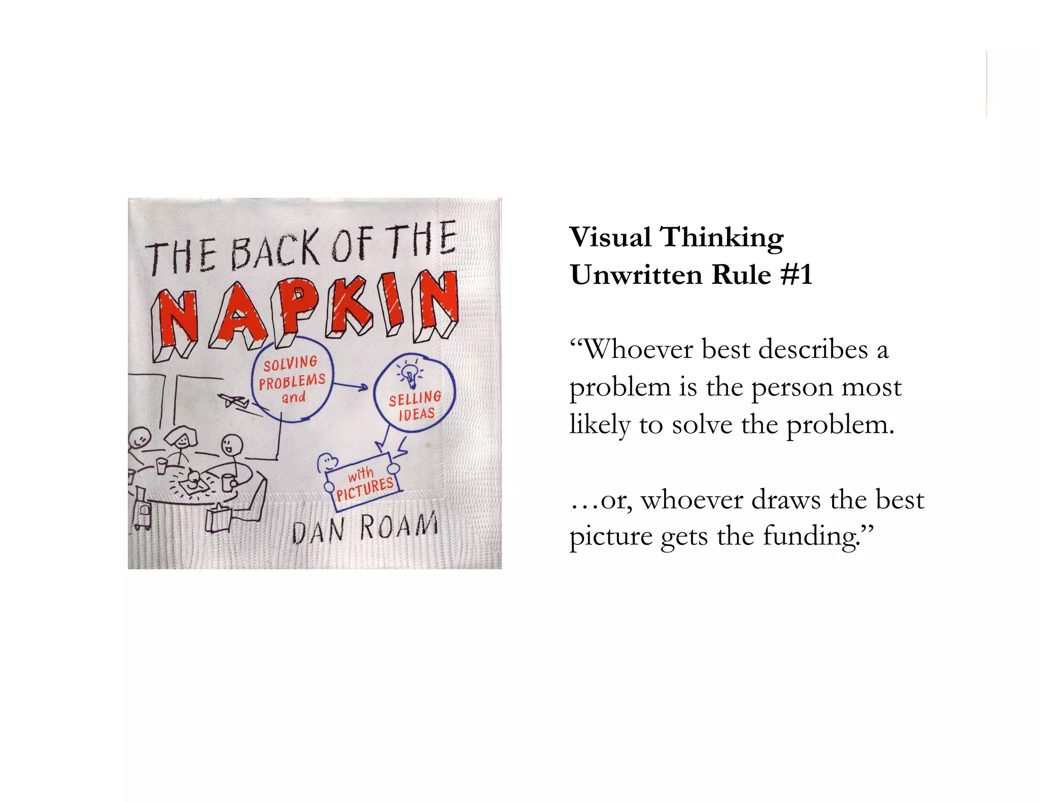 Visual Thinking
Unwritten Rule #1
“Whoever best describes a
problem is the person most
likely to solve the problem.
…or, whoever draws the best
picture gets the funding.”

37

 