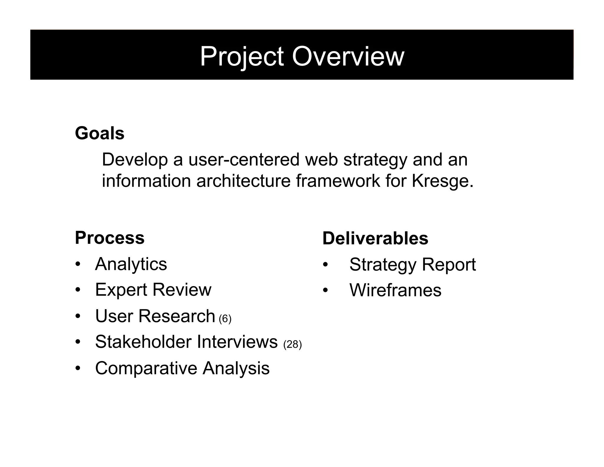 Project Overview
Goals
Develop a user-centered web strategy and an
information architecture framework for Kresge.
Process
•  Analytics
•  Expert Review
•  User Research (6)
•  Stakeholder Interviews (28)
•  Comparative Analysis

Deliverables
•  Strategy Report
•  Wireframes

52

 