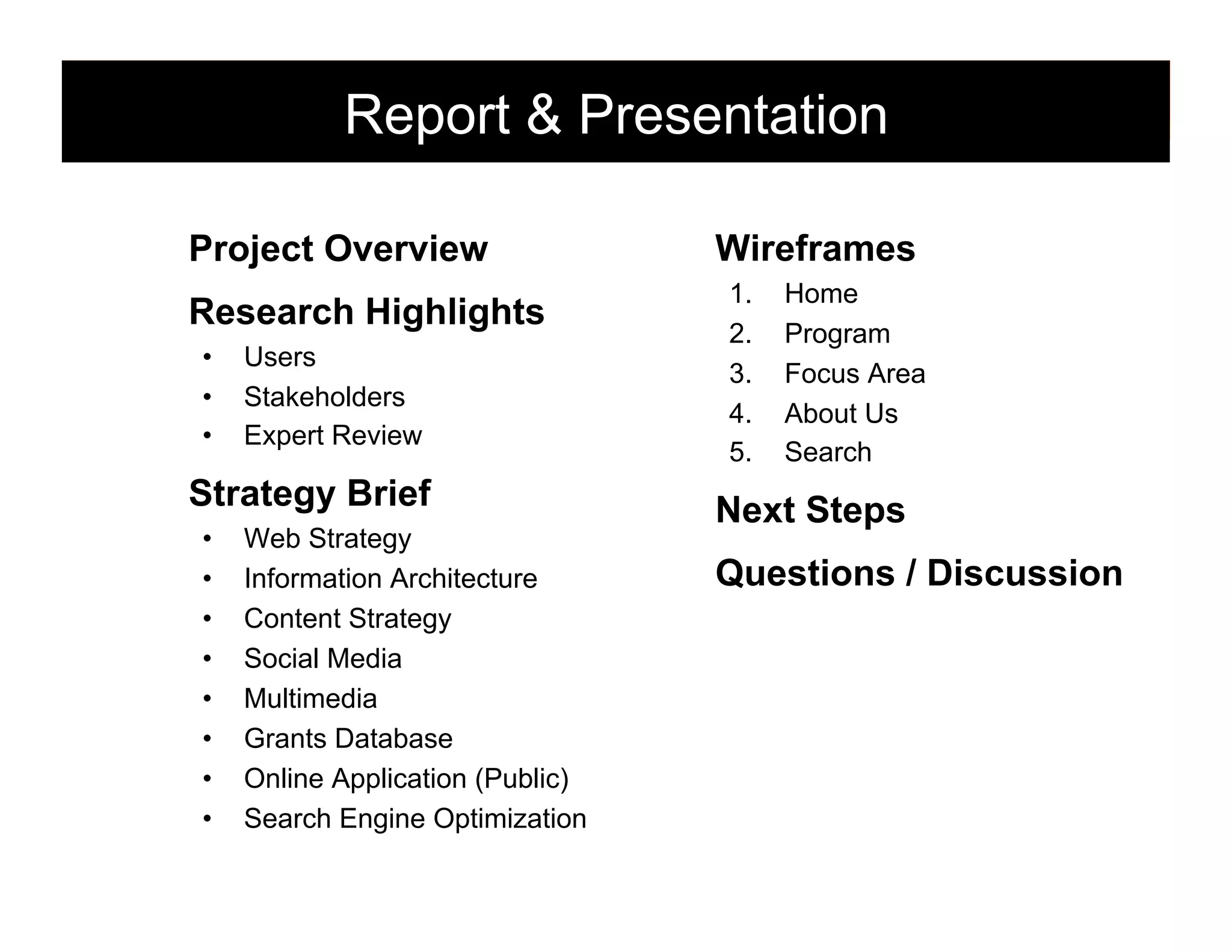 Report & Presentation
Project Overview
Research Highlights
• 
• 
• 

Users
Stakeholders
Expert Review

Strategy Brief
• 
• 
• 
• 
• 
• 
• 
• 

Web Strategy
Information Architecture
Content Strategy
Social Media
Multimedia
Grants Database
Online Application (Public)
Search Engine Optimization

Wireframes
1. 
2. 
3. 
4. 
5. 

Home
Program
Focus Area
About Us
Search

Next Steps
Questions / Discussion

53

 