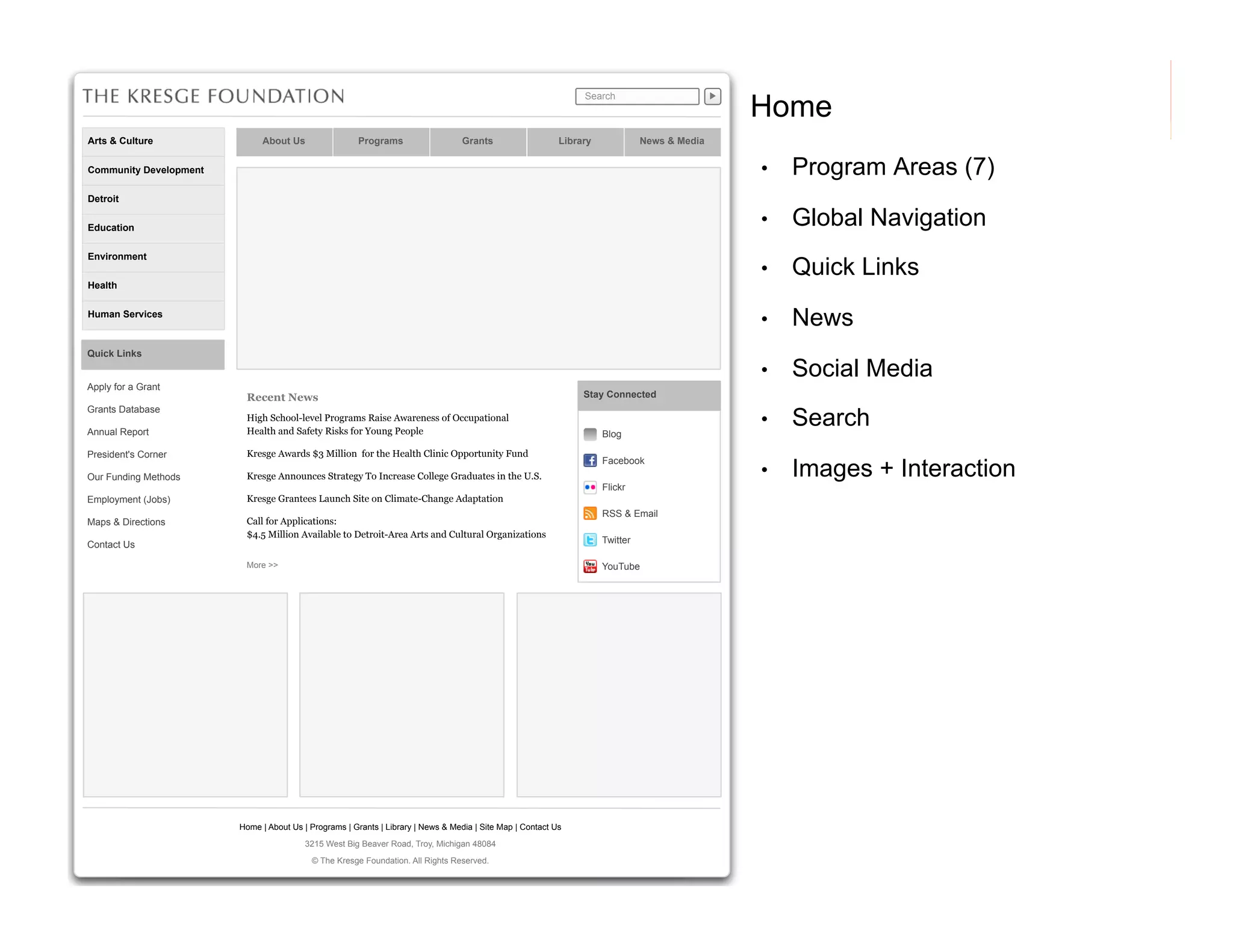 Home

Search

Arts & Culture

Programs

About Us

Grants

Library

News & Media

• 

Program Areas (7)

• 

Global Navigation

• 

Quick Links

• 

News

• 

Community Development

Social Media

• 

Search

• 

Images + Interaction

Detroit
Education
Environment
Health
Human Services

Quick Links
Apply for a Grant
Grants Database

Recent News

Annual Report

High School-level Programs Raise Awareness of Occupational
Health and Safety Risks for Young People

President's Corner

Kresge Awards $3 Million for the Health Clinic Opportunity Fund

Our Funding Methods

Kresge Announces Strategy To Increase College Graduates in the U.S.

Employment (Jobs)

Kresge Grantees Launch Site on Climate-Change Adaptation

Maps & Directions

Call for Applications:
$4.5 Million Available to Detroit-Area Arts and Cultural Organizations

Stay Connected

Contact Us

Blog
Facebook
Flickr

More >>

RSS & Email
Twitter
YouTube

Home | About Us | Programs | Grants | Library | News & Media | Site Map | Contact Us
3215 West Big Beaver Road, Troy, Michigan 48084
© The Kresge Foundation. All Rights Reserved.

56

 