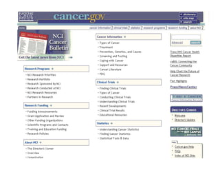 Findability Facts
•  For every search on cancer.gov,
there are over 100 cancer-related
searches on public search engines.
...