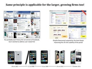 Same	
  principle	
  is	
  applicable	
  for	
  the	
  larger,	
  growing	
  Qirms	
  too!




                                                                                                                                  2004                                2007




                                                                                                                                  2012                                2009

You	
  probably	
  won’t	
  fancy	
  the	
  1st	
  version	
  of	
  Facebook,	
                        Despite	
  Basecamp’s	
  popularity,	
  the	
  team	
  keeps	
  
          but	
  it	
  started	
  to	
  address	
  user	
  needs	
  ﬁrst                                improving	
  the	
  UX	
  and	
  usability	
  of	
  the	
  portal




                29	
  Jun	
  2007                     11	
  Jul	
  2008             8	
  Jun	
  2009          24	
  Jun	
  2010                7	
  October	
  2011
 