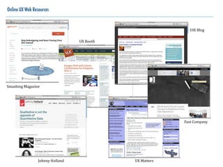 Online UX Web Resources


                                                                        UIE	
  Blog

                                       UX	
  Booth




Smashing	
  Magazine




                                                                     Fast	
  Company




                   Johnny	
  Holland                 UX	
  Matters
 