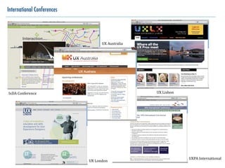 International Conferences




                                    UX	
  Australia




IxDA	
  Conference                                    UX	
  Lisbon




                                                                     UXPA	
  International
                            UX	
  London
 
