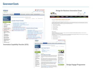 Government Grants

                                               Design	
  for	
  Business	
  Innovation	
  Grant




Innovation	
  Capability	
  Voucher	
  (ICV)




                                                                  Design	
  Engage	
  Programme
 