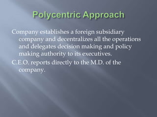 Company establishes a foreign subsidiary
company and decentralizes all the operations
and delegates decision making and policy
making authority to its executives.
C.E.O. reports directly to the M.D. of the
company.
 