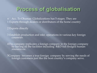  Acc. To Ohamae Globalizations has 5 stages. They are
1 Exports through dealers or distributors of the home country
2 Exports directly
3 Establish production and mkt. operations in various key foreign
countries
4The company replicates a foreign company in the foreign company
by having all the facilities including R&D full fledged human
resource etc.
5Company becomes a true foreign company by serving the needs of
foreign customers just like the host country’s company serve.
 