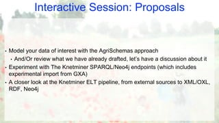 Interactive Session: Proposals
• Model your data of interest with the AgriSchemas approach
• And/Or review what we have already drafted, let’s have a discussion about it
• Experiment with The Knetminer SPARQL/Neo4j endpoints (which includes
experimental import from GXA)
• A closer look at the Knetminer ELT pipeline, from external sources to XML/OXL,
RDF, Neo4j
 