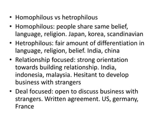 • Homophilous vs hetrophilous
• Homophilous: people share same belief,
language, religion. Japan, korea, scandinavian
• Hetrophilous: fair amount of differentiation in
language, religion, belief. India, china
• Relationship focused: strong orientation
towards building relationship. India,
indonesia, malaysia. Hesitant to develop
business with strangers
• Deal focused: open to discuss business with
strangers. Written agreement. US, germany,
France
 