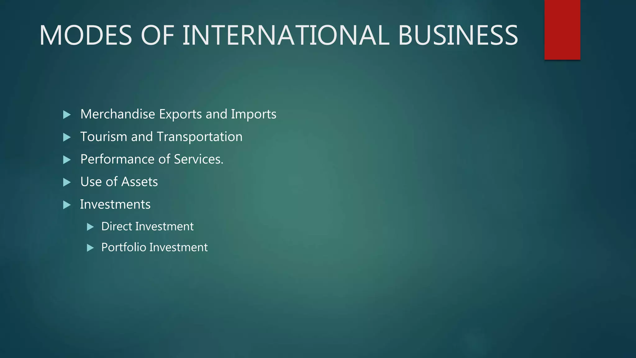 MODES OF INTERNATIONAL BUSINESS
 Merchandise Exports and Imports
 Tourism and Transportation
 Performance of Services.
 Use of Assets
 Investments
 Direct Investment
 Portfolio Investment
 
