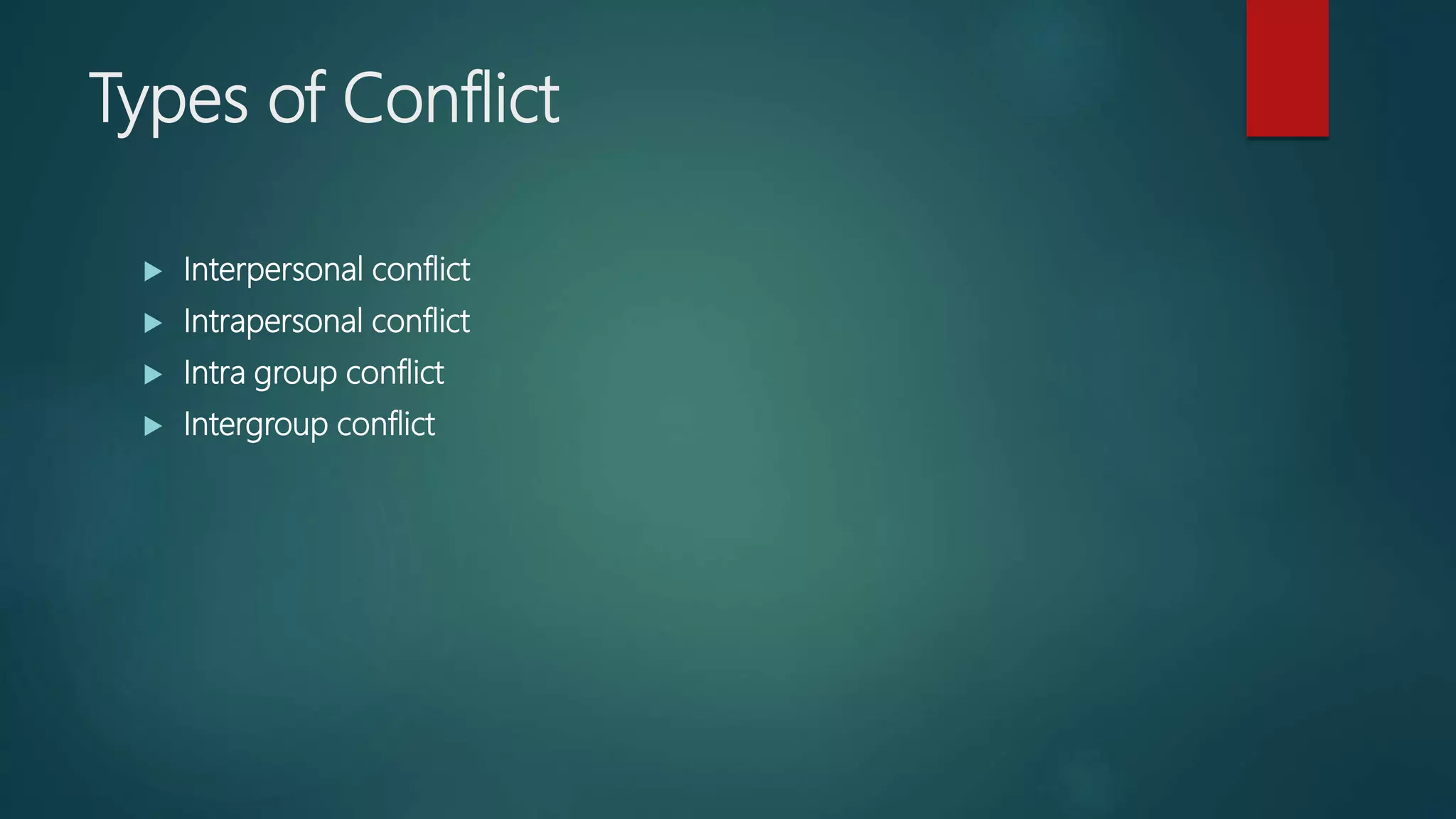 Types of Conflict
 Interpersonal conflict
 Intrapersonal conflict
 Intra group conflict
 Intergroup conflict
 