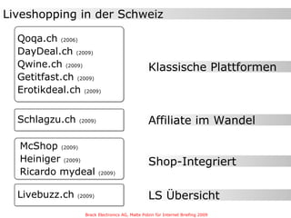 Liveshopping in der Schweiz Klassische Plattformen Affiliate im Wandel Shop-Integriert LS Übersicht Brack Electronics AG, Malte Polzin für Internet Briefing 2009 Qoqa.ch  (2006) DayDeal.ch  (2009) Qwine.ch  (2009) Getitfast.ch  (2009) Erotikdeal.ch  (2009) Schlagzu.ch  (2009) McShop  (2009) Heiniger  (2009) Ricardo mydeal  (2009) Livebuzz.ch  (2009) 