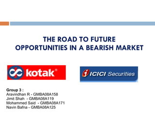THE ROAD TO FUTURE OPPORTUNITIES IN A BEARISH MARKET Group 3 : Aravindhan R - GMBA08A158 Jimit Shah  - GMBA08A119  Mohammed Said  - GMBA08A171  Navin Bafna - GMBA08A125 