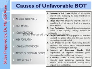 Slides
Prepared
by:
Dr.
Mahtab
Alam Causes of Unfavorable BOT
1. Increase in Oil Prices: Higher oil prices raise
import costs, increasing the trade deficit for oil-
dependent countries.
2. High Imports: Excessive imports without a
matching level of exports lead to a negative
trade balance.
3. Low Production: Reduced domestic production
limits export capacity, forcing reliance on
imports.
4. High Population: A large population increases
demand for goods, often met through imports,
worsening the trade deficit.
5. Low Quality of Goods: Poor-quality domestic
products may reduce export competitiveness,
leading to lower export earnings.
6. Imports of Consumer Goods: High
dependence on imported consumer goods
increases outflows of foreign exchange.
7. Currency Value: A weak currency makes
imports more expensive, increasing trade
deficits, while an overvalued currency makes
exports less competitive.
 