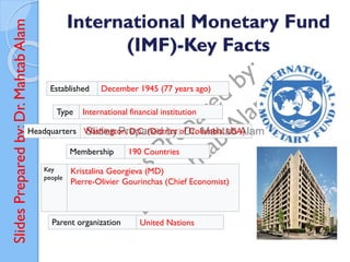 Slides
Prepared
by:
Dr.
Mahtab
Alam International Monetary Fund
(IMF)-Key Facts
Established December 1945 (77 years ago)
Type International financial institution
Headquarters Washington, D.C. (District of Columbia. USA)
Membership 190 Countries
Key
people
Kristalina Georgieva (MD)
Pierre-Olivier Gourinchas (Chief Economist)
Parent organization United Nations
 