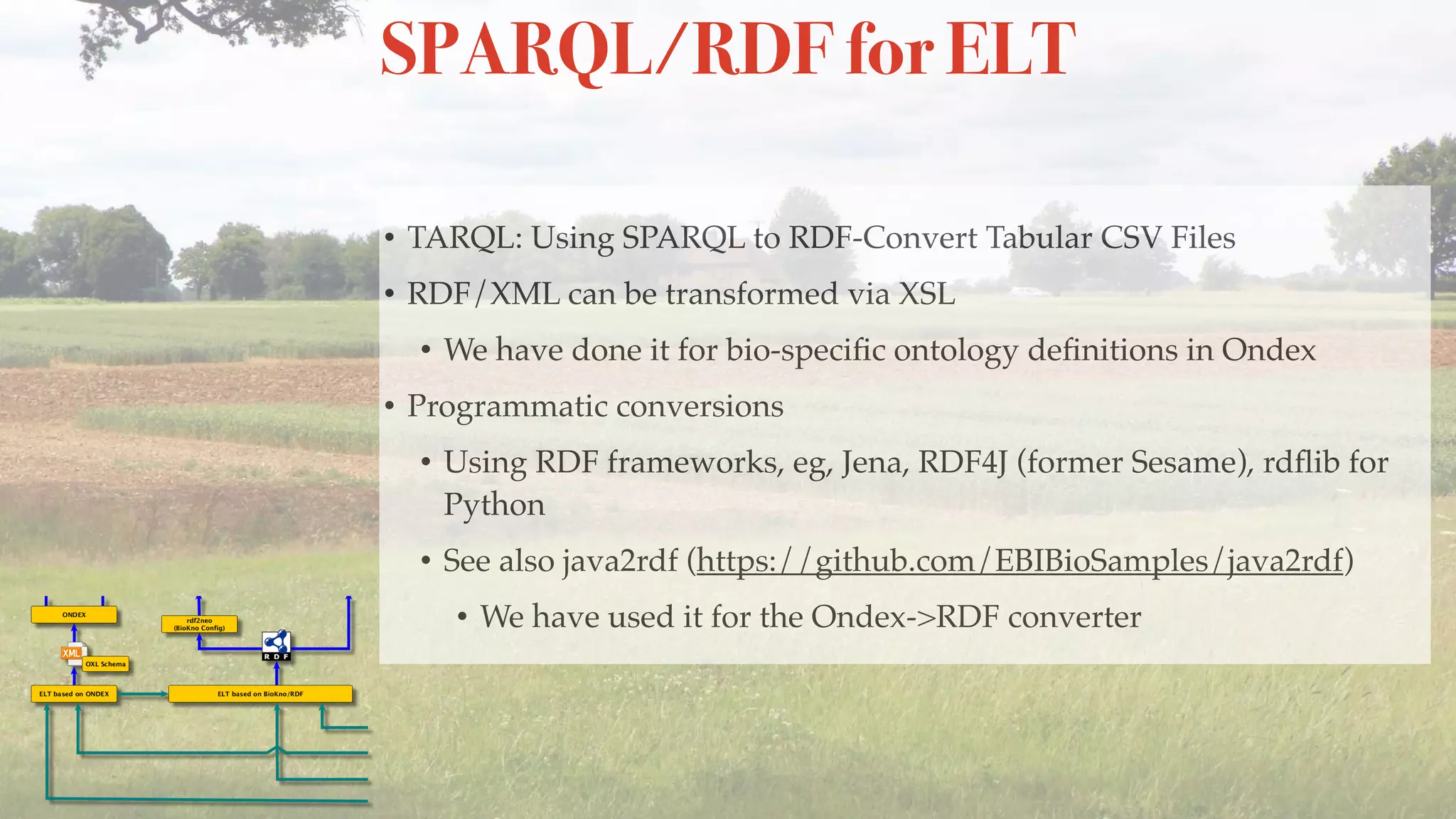 SPARQL/RDF for ELT
• TARQL: Using SPARQL to RDF-Convert Tabular CSV Files
• RDF/XML can be transformed via XSL
• We have done it for bio-speciﬁc ontology deﬁnitions in Ondex
• Programmatic conversions
• Using RDF frameworks, eg, Jena, RDF4J (former Sesame), rdﬂib for
Python
• See also java2rdf (https://github.com/EBIBioSamples/java2rdf)
• We have used it for the Ondex->RDF converter
 