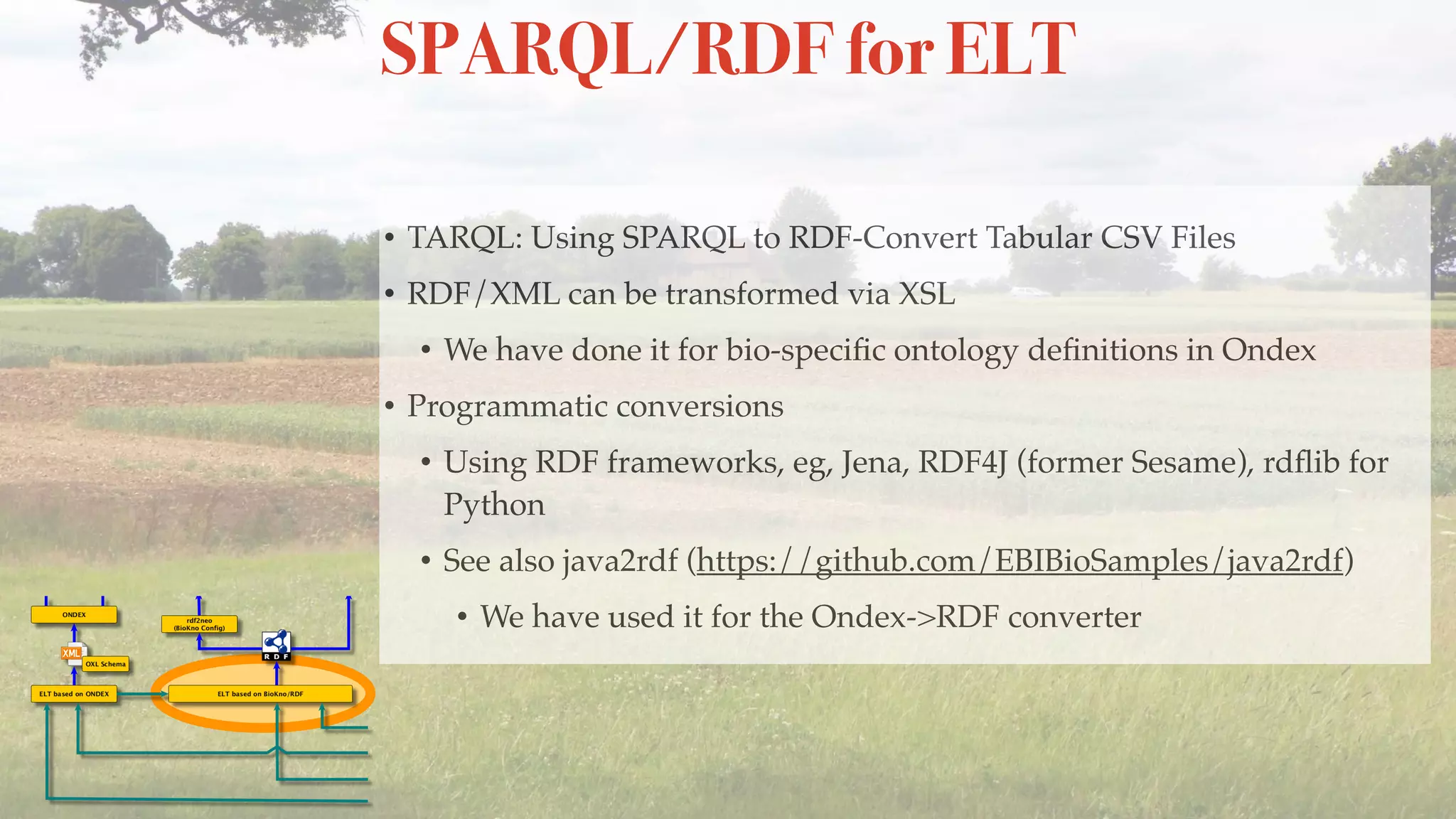 SPARQL/RDF for ELT
• TARQL: Using SPARQL to RDF-Convert Tabular CSV Files
• RDF/XML can be transformed via XSL
• We have done it for bio-speciﬁc ontology deﬁnitions in Ondex
• Programmatic conversions
• Using RDF frameworks, eg, Jena, RDF4J (former Sesame), rdﬂib for
Python
• See also java2rdf (https://github.com/EBIBioSamples/java2rdf)
• We have used it for the Ondex->RDF converter
 