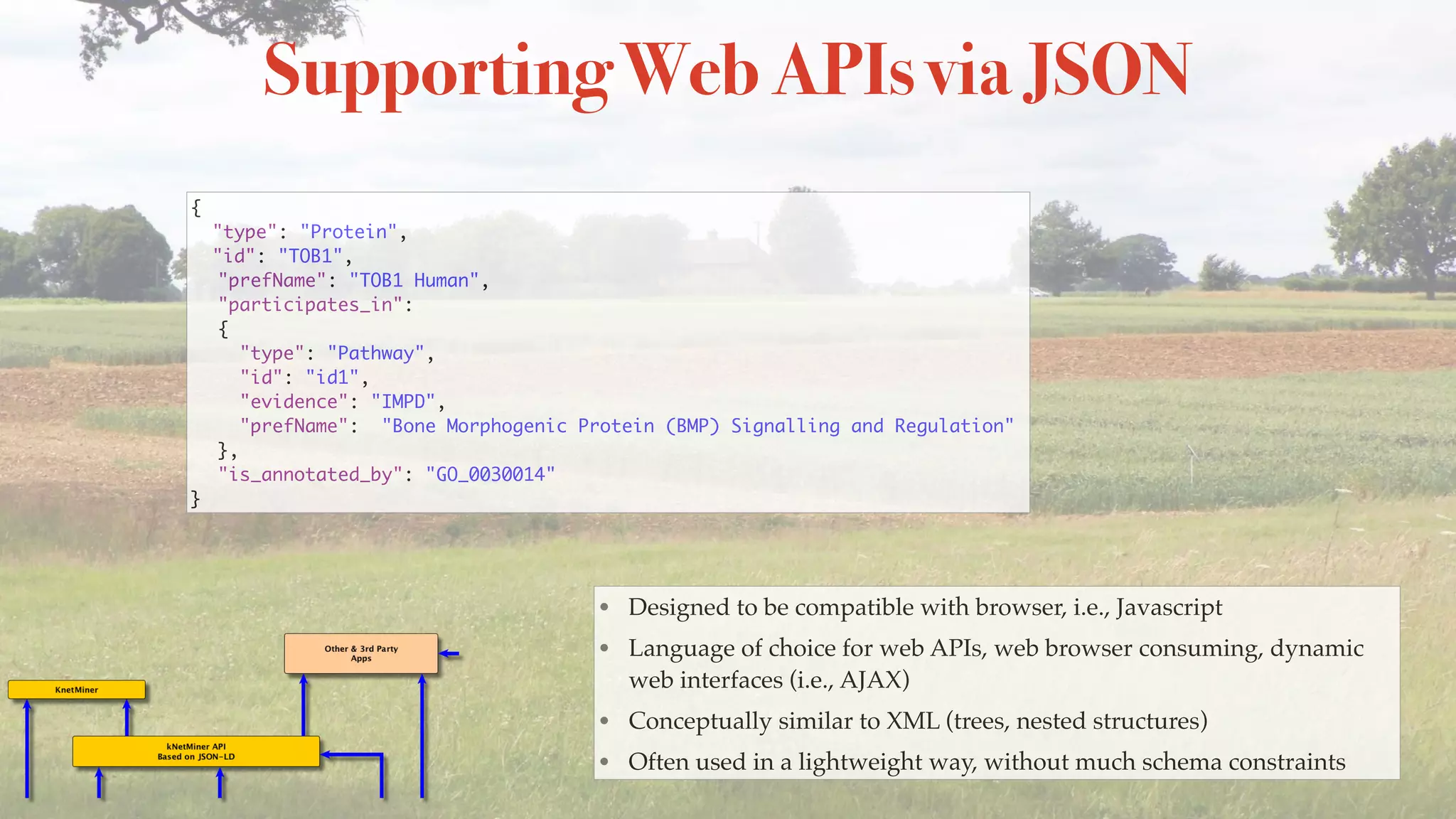 Supporting Web APIs via JSON
{
"type": "Protein",
"id": "TOB1",
"prefName": "TOB1 Human",
"participates_in":
{
"type": "Pathway",
"id": "id1",
"evidence": "IMPD",
"prefName": "Bone Morphogenic Protein (BMP) Signalling and Regulation"
},
"is_annotated_by": "GO_0030014"
}
• Designed to be compatible with browser, i.e., Javascript
• Language of choice for web APIs, web browser consuming, dynamic
web interfaces (i.e., AJAX)
• Conceptually similar to XML (trees, nested structures)
• Often used in a lightweight way, without much schema constraints
 