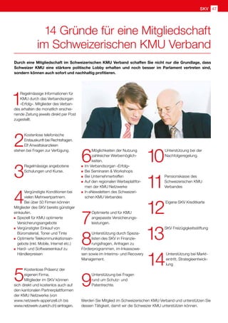 SKV
1
Regelmässige Informationen für
KMU durch das Verbandsorgan
«Erfolg». Mitglieder des Verban-
des erhalten die monatlich erschei-
nende Zeitung jeweils direkt per Post
zugestellt.
2
Kostenlose telefonische
Erstauskunft bei Rechtsfragen.
Elf Anwaltskanzleien
stehen bei Fragen zur Verfügung.
3
Regelmässige angebotene
Schulungen und Kurse.
4
Vergünstigte Konditionen bei
vielen Mehrwertpartnern.
Bei über 50 Firmen können
Mitglieder des SKV bereits günstiger
einkaufen.
	Speziell für KMU optimierte
Versicherungsangebote
	Vergünstigter Einkauf von
Büromaterial, Toner und Tinte
	Optimierte Telekommunikationsan-
gebote (inkl. Mobile, Internet etc.)
	Hard- und Softwareeinkauf zu
Händlerpreisen
5
Kostenlose Präsenz der
eigenen Firma.
Mitglieder im SKV können
sich direkt und kostenlos auch auf
den kantonalen Partnerplattformen
der KMU Netzwerke (von
www.netzwerk-appenzell.ch bis
www.netzwerk-zuerich.ch) eintragen.
6
Möglichkeiten der Nutzung
zahlreicher Werbemöglich-
keiten.
	Im Verbandsorgan «Erfolg»
	Bei Seminaren  Workshops
	Bei Unternehmertreffen
	Auf den regionalen Werbeplattfor-
men der KMU Netzwerke
	In eNewslettern des Schweizeri-
schen KMU Verbandes
7
Optimierte und für KMU
angepasste Versicherungs-
leistungen.
8
Unterstützung durch Spezia-
listen des SKV in Finanzie-
rungsfragen, Anfragen zu
Förderprogrammen, im Inkassowe-
sen sowie im Interims- und Recovery
Management.
9
Unterstützung bei Fragen
rund um Schutz- und
Patentrechte.
10
Unterstützung bei der
Nachfolgeregelung.
11
Pensionskasse des
Schweizerischen KMU
Verbandes
12
Eigene SKV Kreditkarte
13
SKV Freizügigkeitsstiftung
14
Unterstützung bei Markt-
eintritt, Strategieentwick-
lung
Durch eine Mitgliedschaft im Schweizerischen KMU Verband schaffen Sie nicht nur die Grundlage, dass
Schweizer KMU eine stärkere politische Lobby erhalten und noch besser im Parlament vertreten sind,
sondern können auch sofort und nachhaltig profitieren.
14 Gründe für eine Mitgliedschaft
im Schweizerischen KMU Verband
Werden Sie Mitglied im Schweizerischen KMU Verband und unterstützen Sie
dessen Tätigkeit, damit wir die Schweizer KMU unterstützen können.
SKV 47
 
