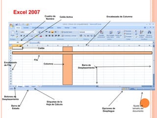 La habilidad para desempeñar automáticamente cálculos le ahorra tiempo y disminuye la posibilidad de error.Introducción a Excel 2007Barra de herramientas de acceso rápidomaximizar o restaurarBotón de OfficeBarra  de opcionesBarra de TítulocerrarminimizarBarra de fórmula