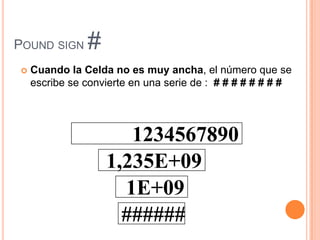 Notación científicaCuando un número escrito en una celda tiene 11 dígitos, Excel lo presenta como se observa a continuación:		   ENTER1234567890112345678901