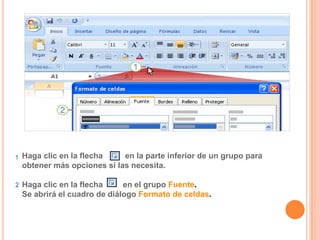 Barra de Opciones:Estas bandas muestran las opciones  que se pueden ejecutar y contienen los comandos más importantes y aquellos que el usuario va utilizando. Fichas Hay siete en la parte superior y cada una de ellas representa una de las tareas básicas que se hacen en Excel. Grupos Cada ficha tiene grupos que muestran elementos relacionados entre sí. Comandos Un comando es un botón, un cuadro en el que se escribe información o un menú 