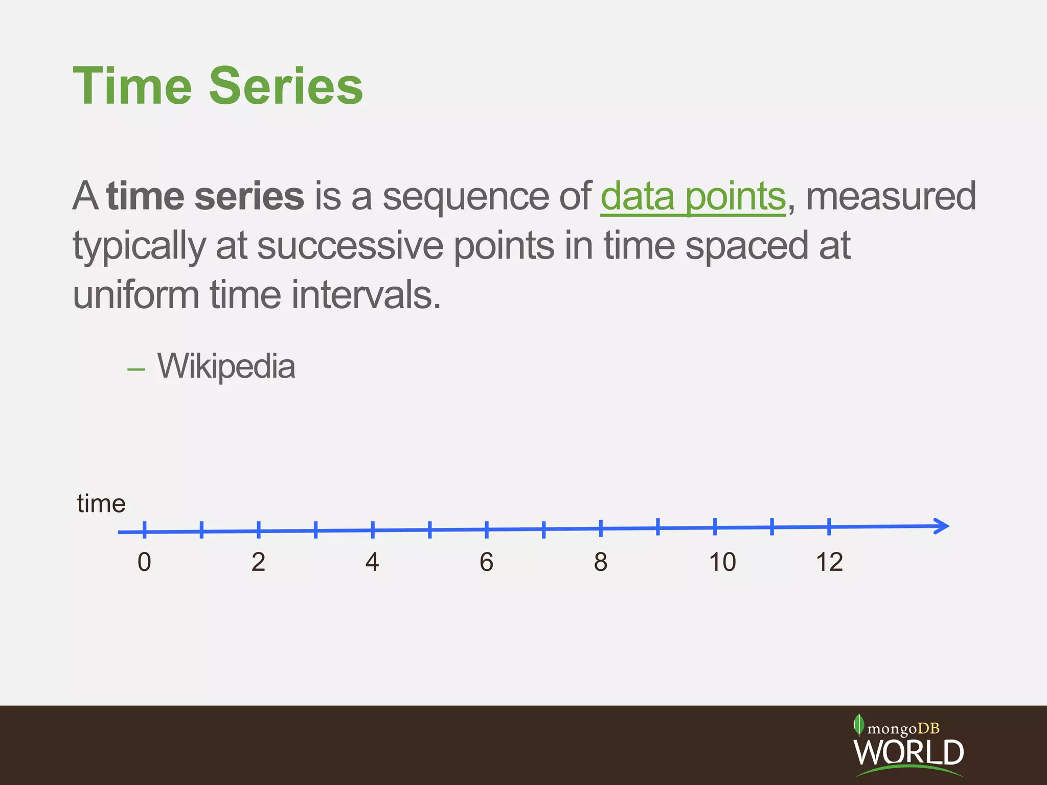 Time Series
A time series is a sequence of data points, measured
typically at successive points in time spaced at
uniform time intervals.
– Wikipedia
0 2 4 6 8 10 12
time
 