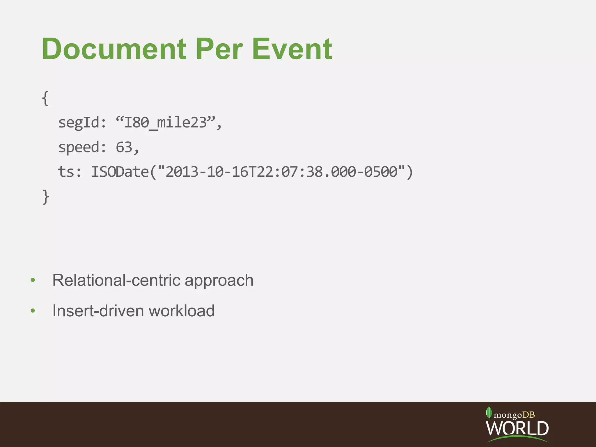 Document Per Event
{
segId: “I80_mile23”,
speed: 63,
ts: ISODate("2013-10-16T22:07:38.000-0500")
}
• Relational-centric approach
• Insert-driven workload
 