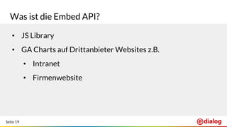 Seite 19
Was ist die Embed API?
• JS Library
• GA Charts auf Drittanbieter Websites z.B.
• Intranet
• Firmenwebsite
 