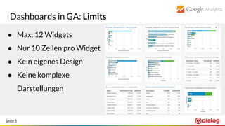 Seite 5
Dashboards in GA: Limits
● Max. 12 Widgets
● Nur 10 Zeilen pro Widget
● Kein eigenes Design
● Keine komplexe
Darstellungen
 