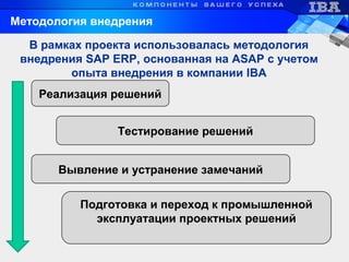 Методология внедрения
В рамках проекта использовалась методология
внедрения SAP ERP, основанная на ASAP с учетом
опыта внедрения в компании IBA
Реализация решений
Тестирование решений
Вывление и устранение замечаний
Подготовка и переход к промышленной
эксплуатации проектных решений
 
