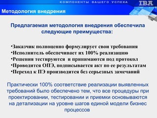 Методология внедрения
•Заказчик полноценно формулирует свои требования
•Исполнитель обеспечивает их 100% реализацию
•Решения тестируются и принимаются под протокол
•Проводится ОПЭ, подписывается акт по ее результатам
•Переход к ПЭ производится без серьезных замечаний
Предлагаемая методология внедрения обеспечила
следующие преимущества:
Практически 100% соответствие реализации выявленных
требований было обеспечено тем, что все процедуры при
проектировании, тестировании и приемки основываются
на детализации на уровне шагов единой модели бизнес
процессов
 