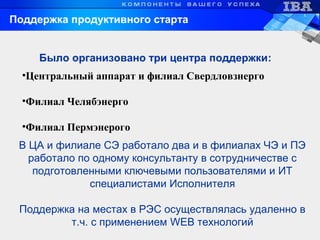 •Центральный аппарат и филиал Свердловзнерго
•Филиал Челябэнерго
•Филиал Пермэнерого
Было организовано три центра поддержки:
В ЦА и филиале СЭ работало два и в филиалах ЧЭ и ПЭ
работало по одному консультанту в сотрудничестве с
подготовленными ключевыми пользователями и ИТ
специалистами Исполнителя
Поддержка на местах в РЭС осуществлялась удаленно в
т.ч. с применением WEB технологий
Поддержка продуктивного старта
 