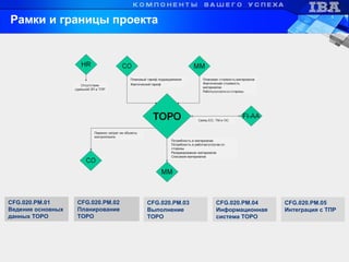 Рамки и границы проекта
CFG.020.PM.01
Ведение основных
данных ТОРО
CFG.020.PM.02
Планирование
ТОРО
CFG.020.PM.03
Выполнение
ТОРО
CFG.020.PM.04
Информационная
система ТОРО
CFG.020.PM.05
Интеграция с ТПР
 