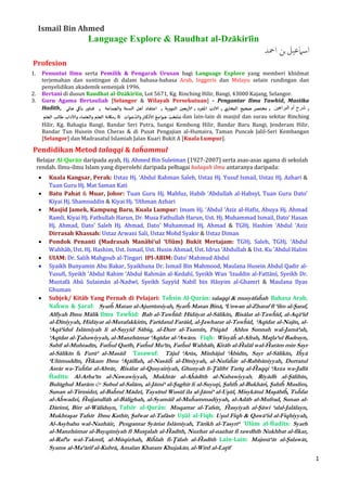 1
Ismail Bin Ahmed
Language Explore & Raudhat al-Dzākirīin
‫اسامعيل‬‫بن‬‫امحد‬
Profesion
1. Penuntut Ilmu serta Pemilik & Pengarah Urusan bagi Language Explore yang memberi khidmat
terjemahan dan suntingan di dalam bahasa-bahasa Arab, Inggeris dan Melayu selain rundingan dan
penyelidikan akademik semenjak 1996.
2. Bertani di dusun Raudhat al-Dzākirīin, Lot 5671, Kg. Rinching Hilir, Bangi, 43000 Kajang, Selangor.
3. Guru Agama Bertauliah [Selangor & Wilayah Persekutuan] - Pengantar Ilmu Tawhīd, Mastika
Hadīth, ‫هاتي‬ ‫باكي‬ ‫فىاوس‬ , ‫والجماعت‬ ‫السىت‬ ‫أهل‬ ‫اعتقاد‬ , ‫الىوويت‬ ‫ألاسبعين‬ , ‫املفشد‬ ‫آدب‬‫لا‬ , ‫آ‬‫ي‬‫البخاس‬ ‫صحيح‬ ‫مختصش‬ , ‫البراهين‬ ‫أم‬ ‫شرح‬ ,
‫العلم‬ ‫طالب‬ ‫آداب‬‫لا‬‫و‬ ‫والعلماء‬ ‫العلم‬ ‫مكاهت‬, & ‫آ‬ِ‫اث‬َ‫ـو‬‫ـ‬َ‫ع‬ َّ‫الذ‬َ‫و‬ ‫آ‬ِ‫ـاس‬
َ
‫ك‬
ْ
‫ر‬
َ
‫ألا‬ ُ‫ـع‬‫ـ‬ِ‫ام‬َ‫ـو‬‫ـ‬‫ـ‬ َ‫ج‬ ُ‫ب‬
َ
‫خ‬
َ
‫ت‬
ْ
‫ى‬ ُ‫م‬ dan lain-lain di masjid dan surau sekitar Rinching
Hilir, Kg. Bahagia Bangi, Bandar Seri Putra, Sungai Kembong Hilir, Bandar Baru Bangi, Jenderam Hilir,
Bandar Tun Husein Onn Cheras & di Pusat Pengajian al-Humaira, Taman Puncak Jalil-Seri Kembangan
[Selangor] dan Madrasatul Islamiah Jalan Kuari Bukit A [Kuala Lumpur].
Pendidikan Metod talaqqī & taĥammul
Belajar Al-Qurān daripada ayah, Hj. Ahmed Bin Suleiman (1927-2007) serta asas-asas agama di sekolah
rendah. Ilmu-ilmu Islam yang diperolehi daripada pelbagai halaqah ilmu antaranya daripada:
 Kuala Kangsar, Perak: Ustaz Hj. ‘Abdul Rahman Saleh, Ustaz Hj. Yusuf Ismail, Ustaz Hj. Azhari &
Tuan Guru Hj. Mat Saman Kati
 Batu Pahat & Muar, Johor: Tuan Guru Hj. Mahfuz, Habib ‘Abdullah al-Habsyī, Tuan Guru Dato’
Kiyai Hj. Shamsuddin & Kiyai Hj. ‘Uthman Azhari
 Masjid Jamek, Kampung Baru, Kuala Lumpur: Imam Hj. ‘Abdul ‘Aziz al-Hafiz, Abuya Hj. Ahmad
Ramli, Kiyai Hj. Fathullah Harun, Dr. Musa Fathullah Harun, Ust. Hj. Muhammad Ismail, Dato’ Hasan
Hj. Ahmad, Dato’ Saleh Hj. Ahmad, Dato’ Muhammad Hj. Ahmad & TGHj. Hashim ‘Abdul ‘Aziz
Dirrasah Khassah: Ustaz Arwani Sali, Ustaz Mohd Syakir & Ustaz Diman
 Pondok Penanti (Madrasah Manābi‘ul ‘Ulūm) Bukit Mertajam: TGHj. Saleh, TGHj. ‘Abdul
Wahhāb, Ust. Hj. Hashim, Ust. Ismail, Ust. Husin Ahmad, Ust. Idrus ‘Abdullah & Ust. Ku ‘Abdul Halim
 UIAM: Dr. Salih Mahgoub al-Tingari IPI-ABIM: Dato’ Mahmud Abdul
 Syaikh Bunyamin Abu Bakar, Syaikhuna Dr. Ismail Bin Mahmood, Maulana Husein Abdul Qadir al-
Yusufi, Syeikh ‘Abdul Rahim ‘Abdul Rahmān al-Kedahī, Syeikh Wan ‘Izuddin al-Fattānī, Syeikh Dr.
Mustafā Abū Sulaimān al-Nadwī, Syeikh Sayyīd Nabīl bin Hāsyim al-Ghamrī & Maulana Ilyas
Ghuman
 Subjek/ Kitāb Yang Pernah di Pelajari: Taĥsin Al-Qurān: talaqqi & musyāfaĥah Bahasa Arab,
Naĥwu & Şaraf: Syarĥ Matan al-Ajurrūmiyah, Syarĥ Matan Binā, ‘Unwan al-Zharaf fī ‘ilm al-Şaraf,
Alfiyah Ibnu Mālik Ilmu Tawĥīd: Bab al-Tawĥīd: Hidāyat al-Sālikīn, Risālat al-Tawĥīd, al-Aqā‘id
al-Dīniyyah, Hidāyat al-Mutafakkirīn, Farīdatul Farāid, al-Jawharat al-Tawĥīd, ‘Aqīdat al-Najīn, al-
‘Aqā‘idul Islāmiyah li al-Sayyid Sābiq, al-Durr al-Tsamīn, I‘tiqād Ahlus Sunnah wal-Jamā‘ah,
‘Aqīdat al-Ţahawiyyah, al-Manzhūmat ‘Aqīdat al-‘Awām. Fiqh: Wisyāĥ al-Afrah, Maţla‘ul Badrayn,
Sabīl al-Muhtadīn, Fatĥul Qarīb, Fatĥul Mu‘īn, Fatĥul Wahhāb, Kitāb al-Ĥalāl wal-Ĥarām min Sayr
al-Sālikīn & Furū‘ al-Masāil Tasawuf: Tājul ‘Arūs, Minhājul ‘Ābidīn, Sayr al-Sālikīn, Iĥyā
‘Ulūmuddīn, Ĥikam Ibnu ‘Aţāillah, al-Nasāiĥ al-Dīniyyah, al-Nufaĥāt al-Rabbāniyyah, Durratul
Asrār wa-Tuĥfat al-Abrār, Risālat al-Qusyairiyah, Ghunyah li-Ţālibī Tarīq al-Ĥaqqi ‘Azza wa-Jallā
Ĥadits: Al-Arba‘īn al-Nawawiyyah, Mukhtār al-Aĥādīth al-Nabawiyyah, Riyādh al-Şālihīn,
Bulūghul Marām & Subul al-Salām, al-Jāmi‘ al-Şaghīr li al-Suyuţi, Şahīĥ al-Bukhāri, Şahīĥ Muslim,
Sunan al-Tirmidzī, al-Baĥrul Mādzī, Taysīrul Wusūl ila al-Jāmi‘ al-Uşūl, Misykātul Maşābīĥ, Tuĥfat
al-Aĥwadzi, Ĥujjatullāh al-Bālighah, al-Syamāil al-Muĥammadiyyah, al-Adāb al-Mufrad, Sunan al-
Dārimī, Birr al-Wālidayn, Tafsīr al-Qurān: Muqarrar al-Tafsīr, Ĥasyiyah al-Şāwi ‘alal-Jalālayn,
Mukhtaşar Tafsīr Ibnu Kathīr, Şafwat al-Tafāsīr Uşūl al-Fiqh: Uşul Fiqh & Qawā‘id al-Fiqhiyyah,
Al-Asybahu wal-Nazhāir, Pengantar Syāriat Islāmiyah, Tārikh al-Tasyrī‘ ‘Ulūm al-Ĥadīts: Syarh
al-Manzhūmat al-Bayqūniyah fī Musţalah al-Ĥadīth, Nuzhat al-nazhar fi tawdhīh Nukhbat al-fikar,
al-Raf‘u wal-Takmīl, al-Mūqizhah, Riĥlah fi-Ţālab al-Ĥadīth Lain-Lain: Majmū‘āt al-Şalawāt,
Syams al-Ma‘ārif al-Kubrā, Amalan Khatam Khujakān, al-Wird al-Laţīf
 