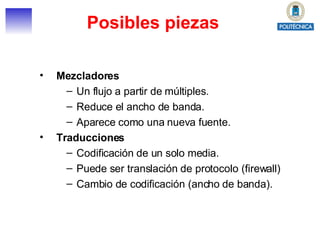 Posibles piezas  Mezcladores Un flujo a partir de múltiples. Reduce el ancho de banda. Aparece como una nueva fuente. Traducciones Codificación de un solo media. Puede ser translación de protocolo (firewall) Cambio de codificación (ancho de banda). 