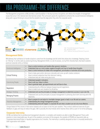 The Management programme at IBA provides a solid foundation in the key business disciplines and reflects the breadth of management
issues that arise in the national and international context. The curriculum packs the ingredients to enhance the crucial Emotional intelligence
along with Logical thinking to ensure that the students have the edge when they enter the corporate world.
IBA believes that confidence to handle situations come from the knowledge and the skills that utilizes this knowledge. Reading a book
on “Driving” is not the same as practicing driving. Management Skills is a set of courses, run by Prof. Chandra Kant, that teach students
practical corporate skills as follows:
Emotional Intelligence
•	 How to control emotions and handle other persons’ emotions.
•	 Understand how our mind creates negative thoughts and how to handle these thoughts.
•	 How to control emotions for better time management, prioritisation of activities & be more productive.
Critical Thinking
•	 How to make goal-centric decisions rationally and come up with creative solutions
•	 How to remove subjective bias from decision making.
•	 Understand why we make wrong decisions.
Convincing People
•	 Understand people’s motivation.
•	 How to sell your ideas to others.
•	 How to generate leads, get appointments and sell face-to-face.
Negotiation
•	 Understanding the difference between bargaining and negotiation.
•	 How to create a win-win situation for all parties.
Strategic Thinking •	 Understand and use the principles of strategic management to determine success in your own life.
Managing Projects
•	 Understand and use the principles of project management in achieving short-term and long-term life
objectives.
Transition Management
•	 How to prepare for and adjust to inevitable changes (good or bad) in our life and our careers.
•	 Understanding the change management process.
•	 Understanding what will happen in corporate life and what a student can do to be most effective.
IBA Programme–The Difference
Unique feature of this course is that senior students acts as tutors to the first year students. They conduct additional exercises & give
feedback on gaps and ways to reduce the gaps. IBA is possibly the only Institute which teaches these skills as part of its formal pedagogy.
Corporate Internship
At IBA, we believe that no professional management education is complete until students are able to relate Management Theory with
practice in more meaningful way. As part of the academic curriculum of the program, the students of PGDM are required to take up
Corporate Internship/Project in reputed organizations for 3 months. The internship is carefully designed so that it is mutually beneficial to
both organization and student.
Management Skills
Six Sigma
- Green Belt
Certification
by KPMG
Emotional
Intelligence
(MS-I)
APTP
Foreign Language
(Facilitates
International
Placements)
Kalakshetra
- Live Project
Management
Course
(MS-III)
Capstone Business
Strategy Course
– Certified by
Management
Simulations Inc.
(USA)
YES+
Certification
(AOL-Stress buster
programme)
Peregrine Academic
Certification, USA
(Globally recognized
Entry & Exit testing of
knowledge)
PDP-I
1
4
13
14 17
16 18
20
3
2
7
8
9
10
11
12
156
Critical
Thinking
(MS-II) Strategic
Thinking
(MS-IV)
PDP-II
Negotiation
Skills
(MS-V)
Convincing
People
(MS-VI)
Certification
course in
Entrepreneurship
Management
(CEM) by EDII
SAP
Course
PDP-III
Transition to Corporate
(MS-VII)
PDP - Personality Development Programme
MS - Management Skills
APTP - Advanced Training and Placement Programme
19
Peregrine Academic
Certification, USA
(Globally recognized
Entry & Exit testing of
knowledge)
5
Certificate
programmes
(NEN100 & NEN101)
in Entrepreneurship
by NEN
16 | IBA Bangalore | www.iba.ac.in
 